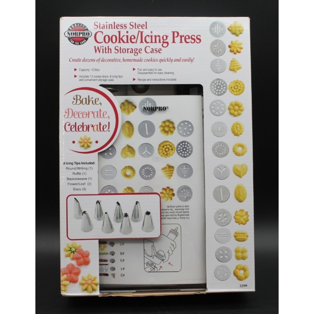 Norpro Stainless Steel Cookie Press & Icing Set Storage Case 13 Discs 8 Tips NIB